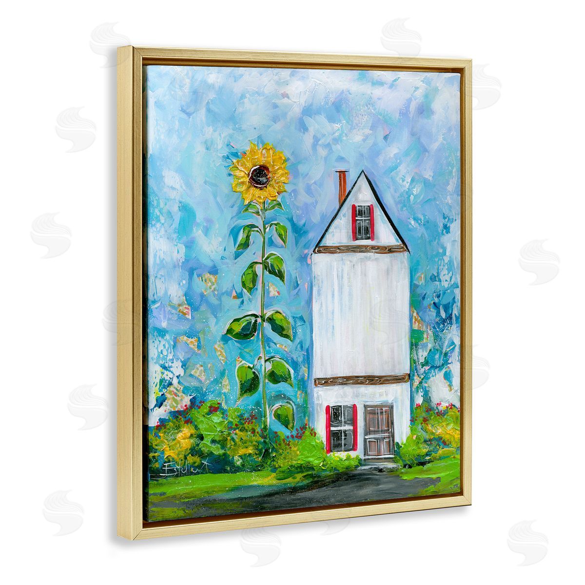 Giant Sunflower & House Gold Floating Frame Canvas Wall Art, Home Decor by Estelle Grengs