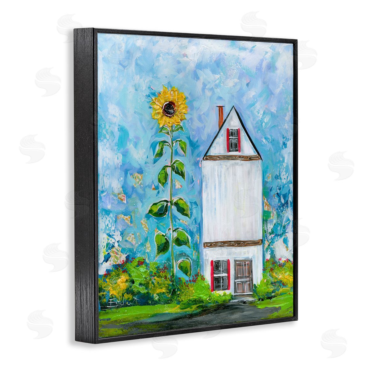 Giant Sunflower & House Black Frame Print Wall Art, Home Decor by Estelle Grengs