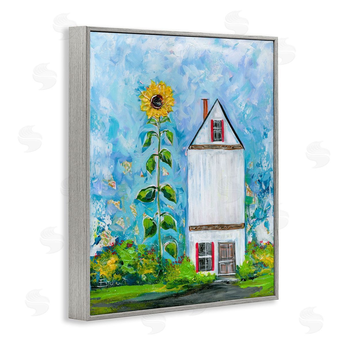 Giant Sunflower & House Grey Frame Print Wall Art, Home Decor by Estelle Grengs