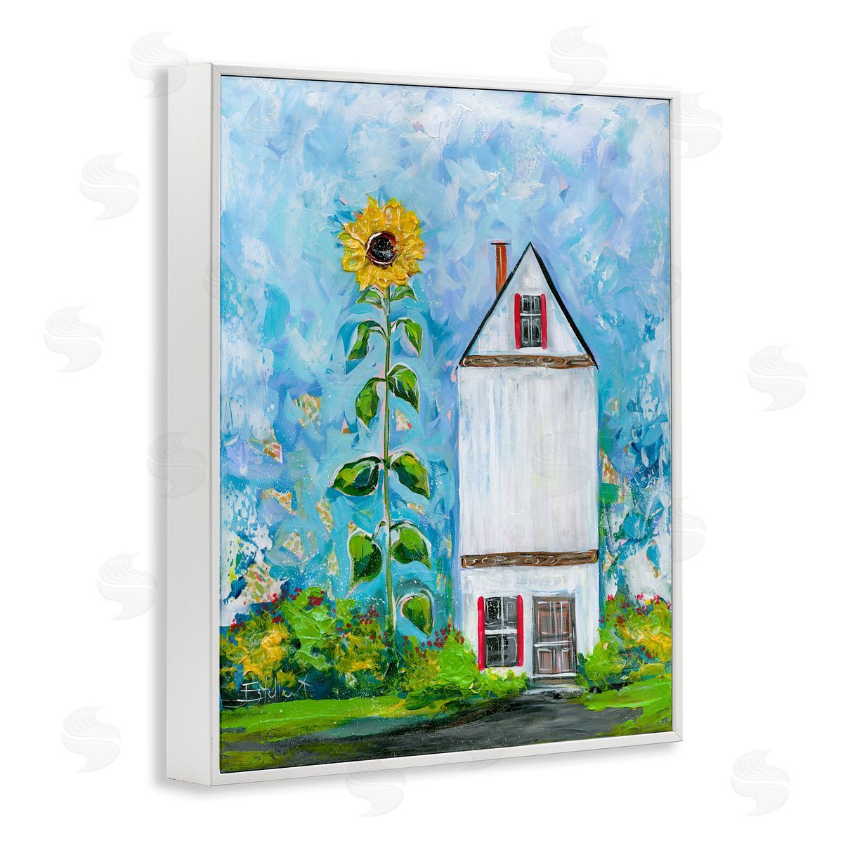 Giant Sunflower & House White Frame Print Wall Art, Home Decor by Estelle Grengs