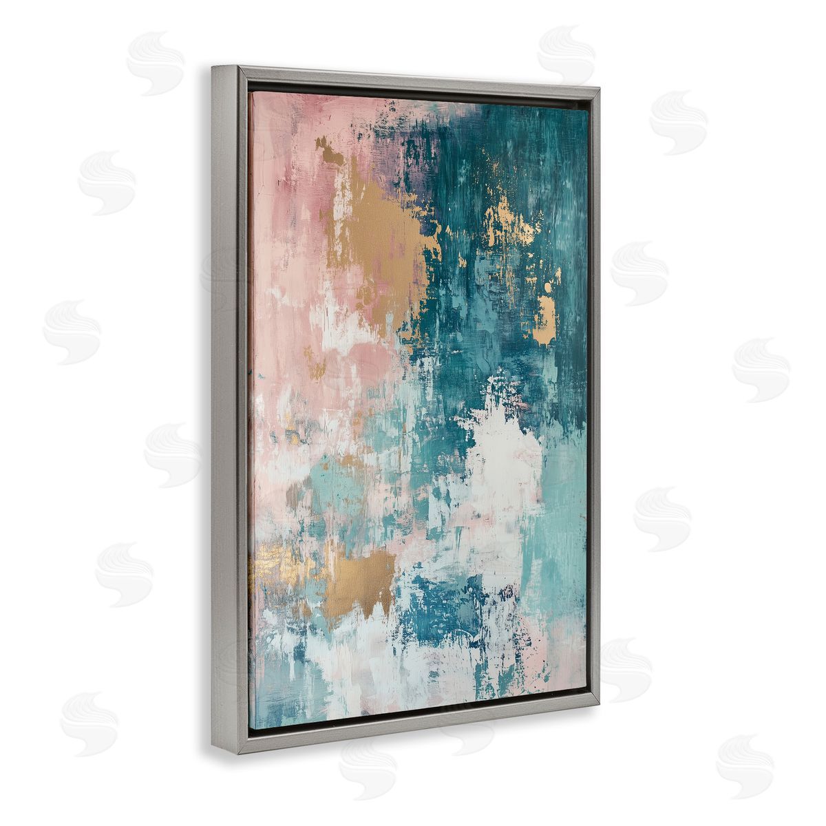 Teal Green Gold Abstract Grey Floating Frame Canvas Wall Art, Home Decor by Gina Kelly