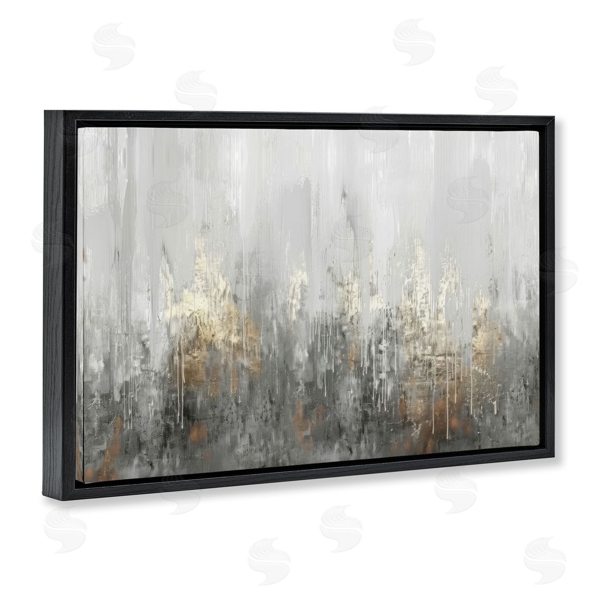 Grey Silver Abstract Drip Black Floating Frame Canvas Wall Art, Home Decor by LSR Design Studio