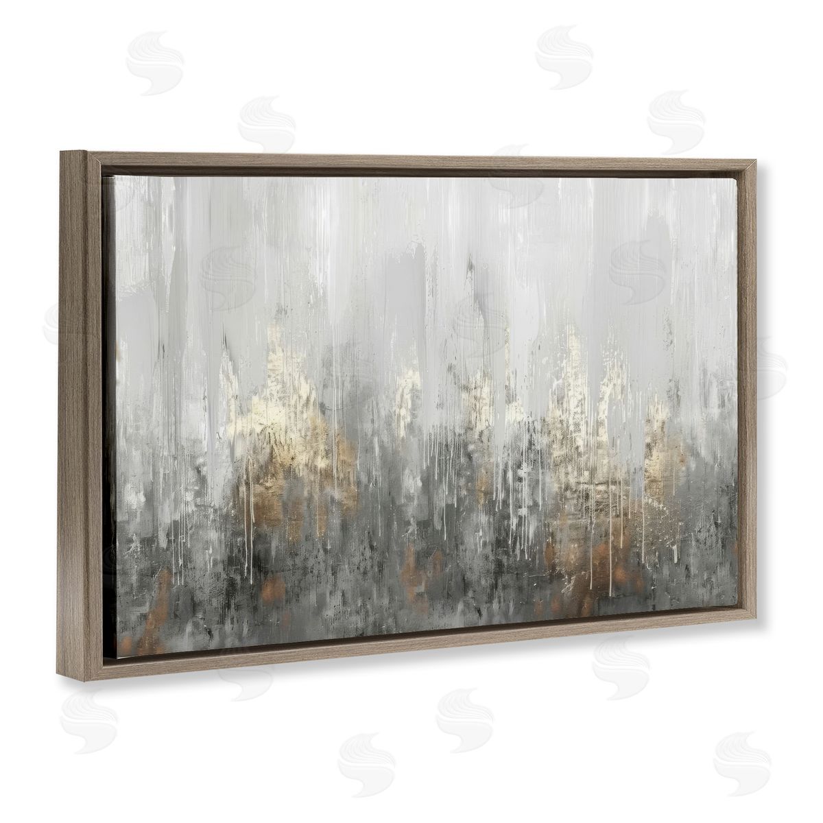Grey Silver Abstract Drip Brown Floating Frame Canvas Wall Art, Home Decor by LSR Design Studio