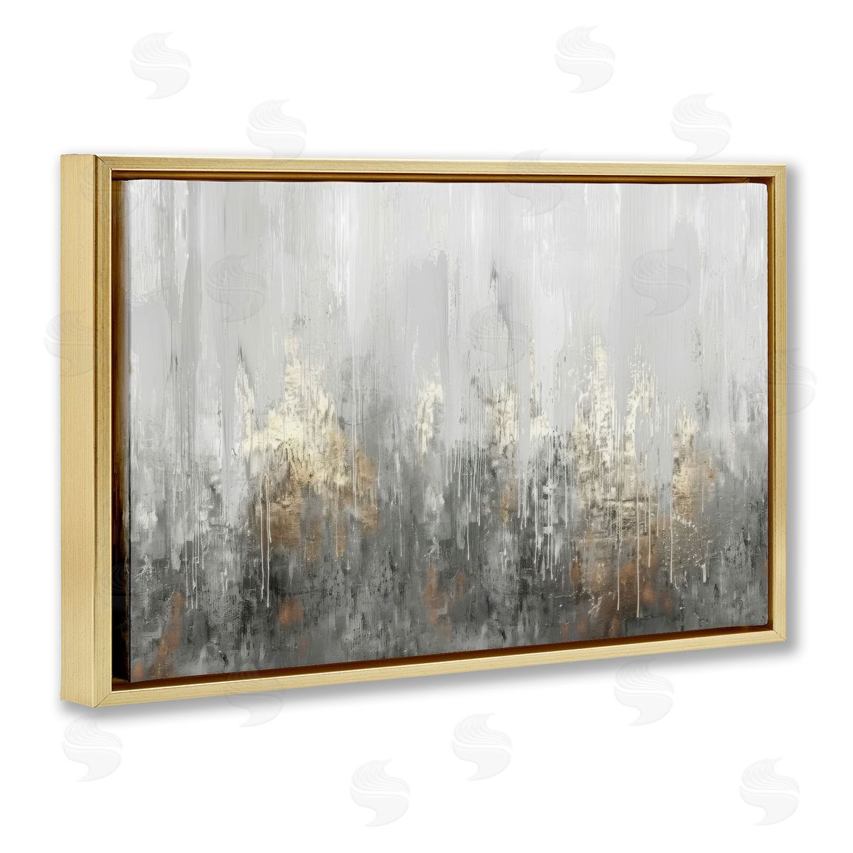 Grey Silver Abstract Drip Gold Floating Frame Canvas Wall Art, Home Decor by LSR Design Studio