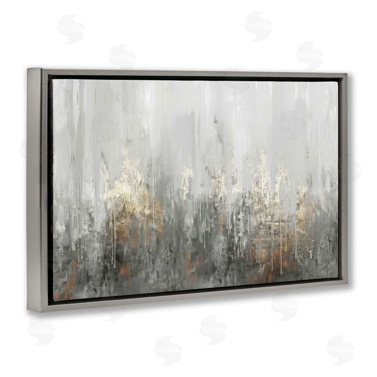 Grey Silver Abstract Drip Grey Floating Frame Canvas Wall Art, Home Decor by LSR Design Studio
