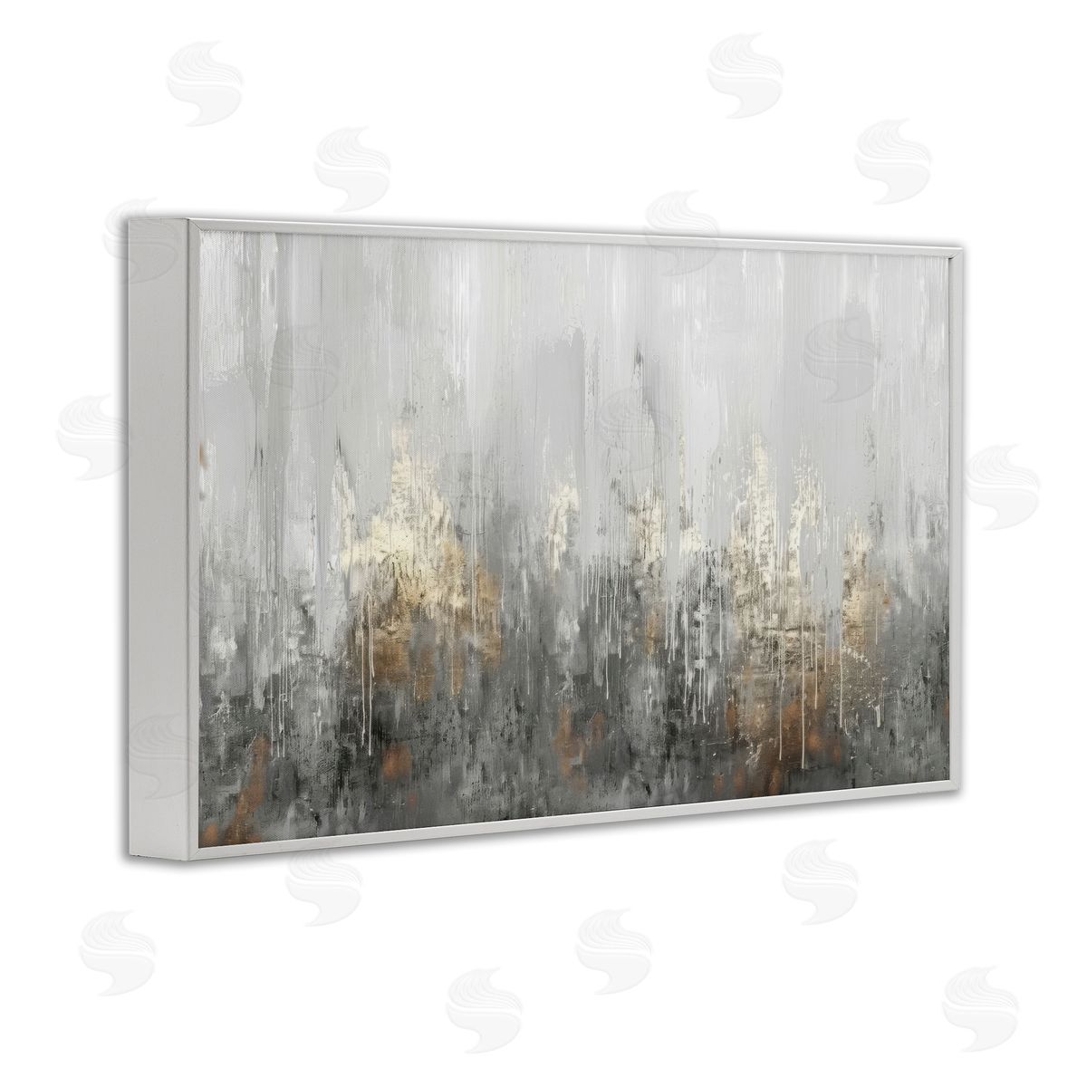 Grey Silver Abstract Drip White Frame Print Wall Art, Home Decor by LSR Design Studio