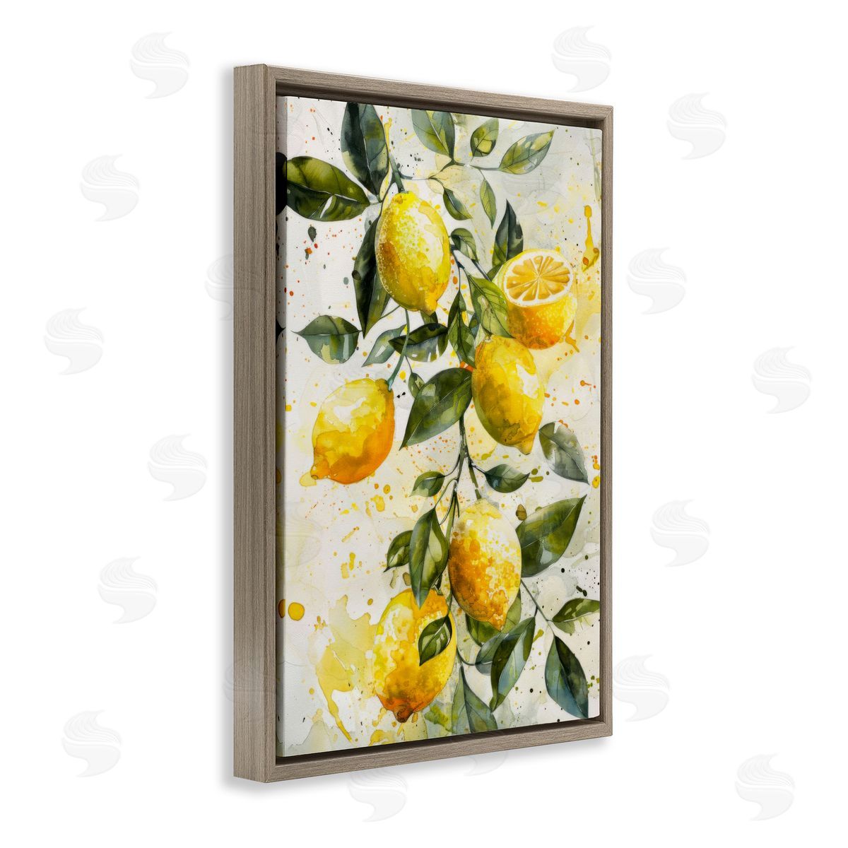 Lemon Watercolor Splashes Brown Floating Frame Canvas Wall Art, Home Decor by LSR Design Studio