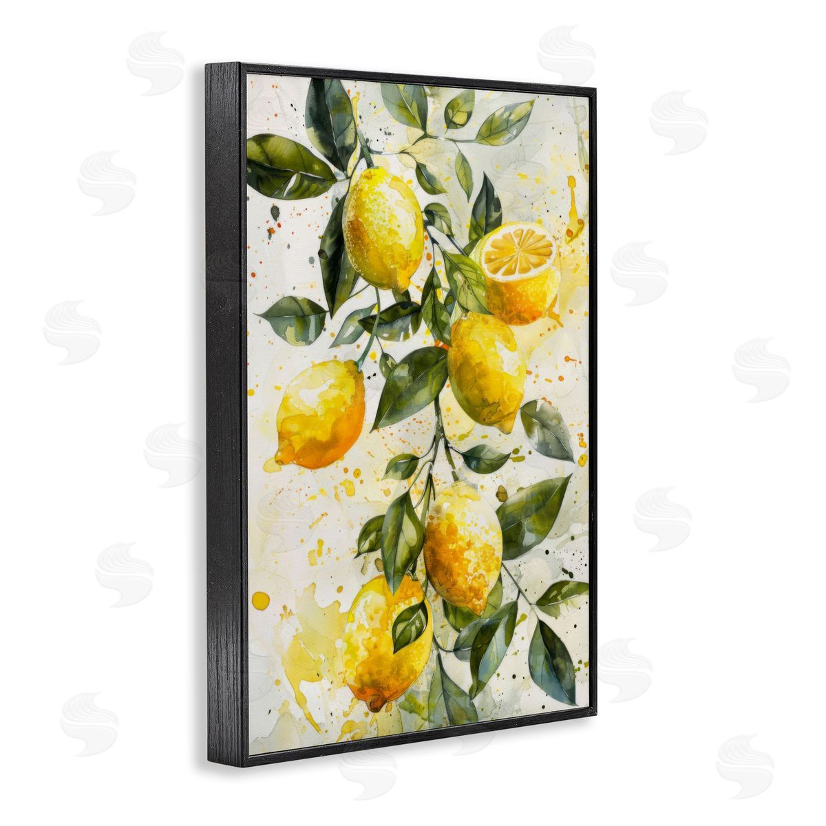 Lemon Watercolor Splashes Black Frame Print Wall Art, Home Decor by LSR Design Studio