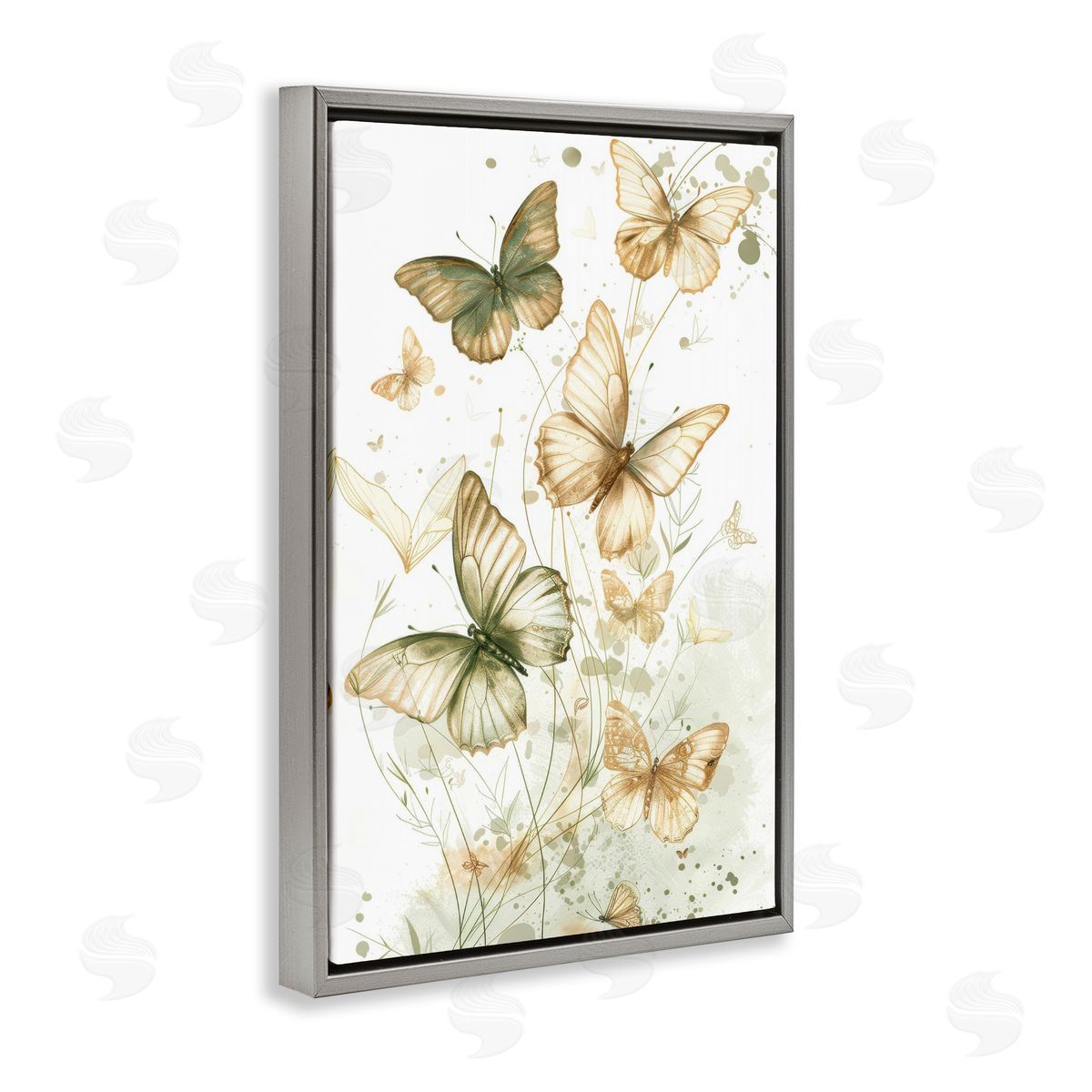 Neutral Watercolor Butterflies Grey Floating Frame Canvas Wall Art, Home Decor by LSR Design Studio