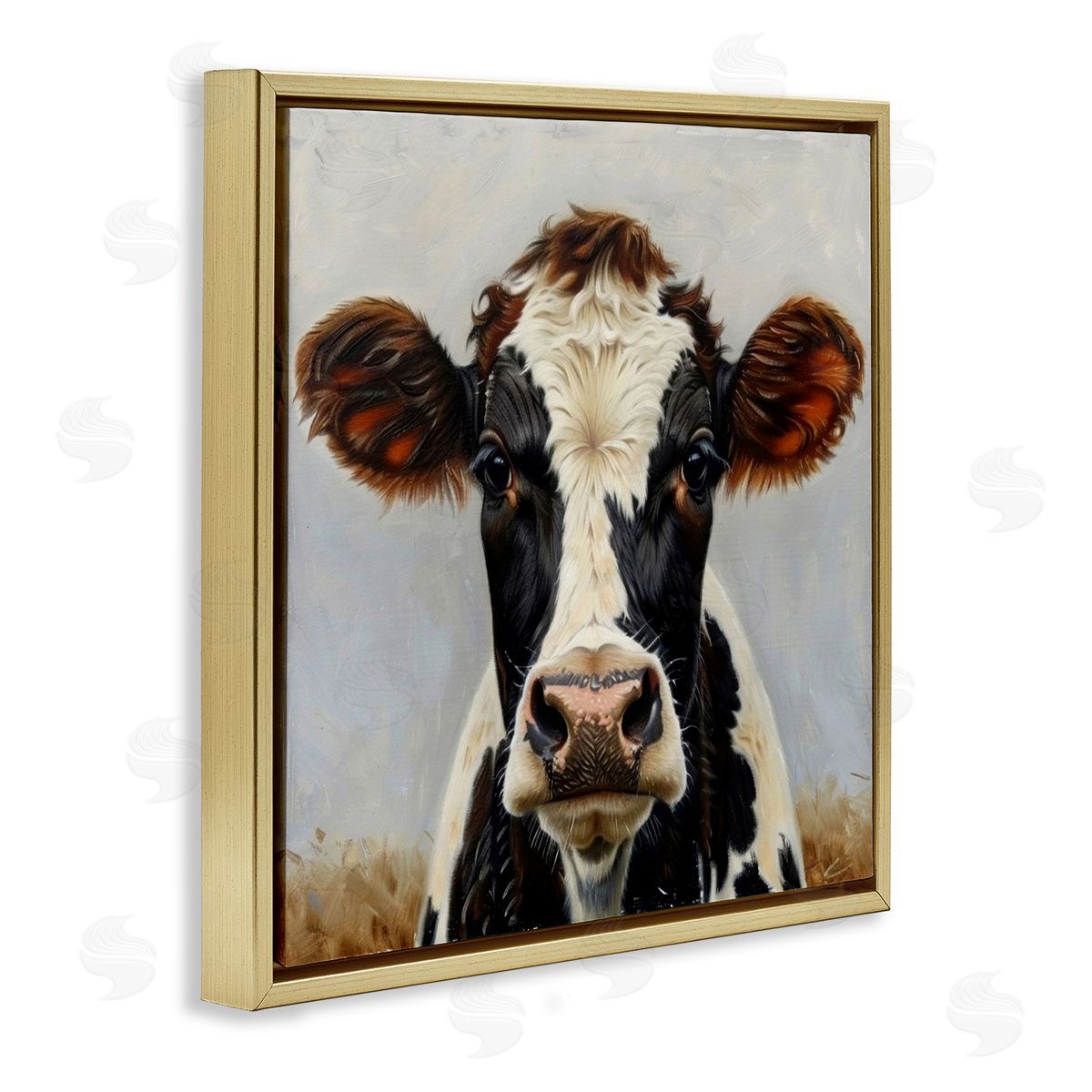 Stoic Cow Gaze Portrait Gold Floating Frame Canvas Wall Art, Home Decor by LSR Design Studio
