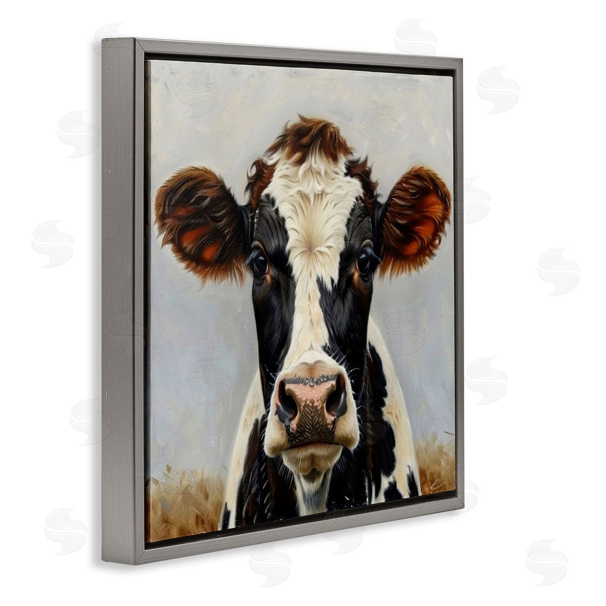 Stoic Cow Gaze Portrait Grey Floating Frame Canvas Wall Art, Home Decor by LSR Design Studio
