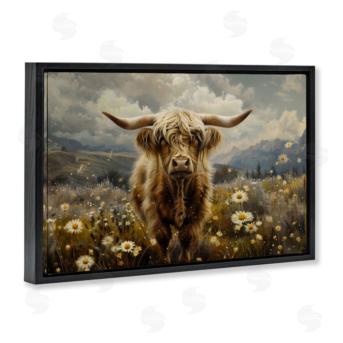 Cattle in Daisy Field Black Floating Frame Canvas Wall Art, Home Decor by LSR Design Studio