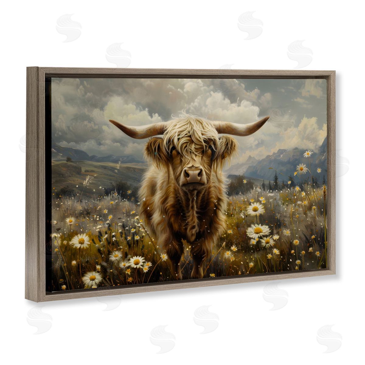 Cattle in Daisy Field Brown Floating Frame Canvas Wall Art, Home Decor by LSR Design Studio