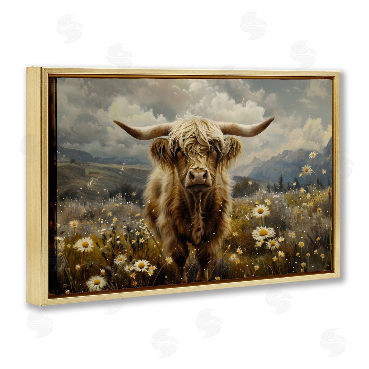 Cattle in Daisy Field Gold Floating Frame Canvas Wall Art, Home Decor by LSR Design Studio