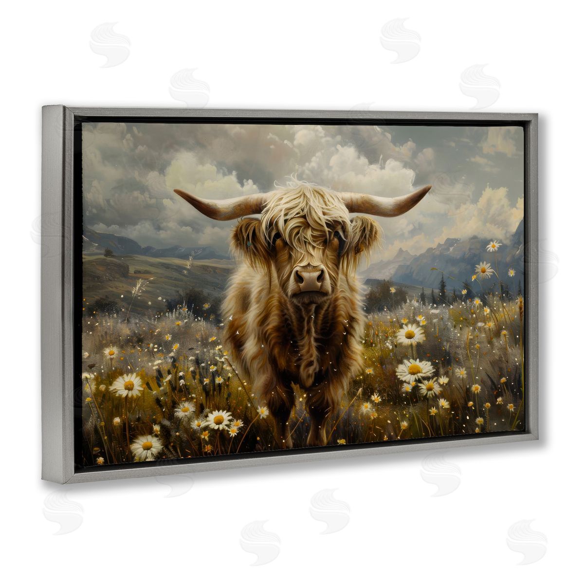 Cattle in Daisy Field Grey Floating Frame Canvas Wall Art, Home Decor by LSR Design Studio