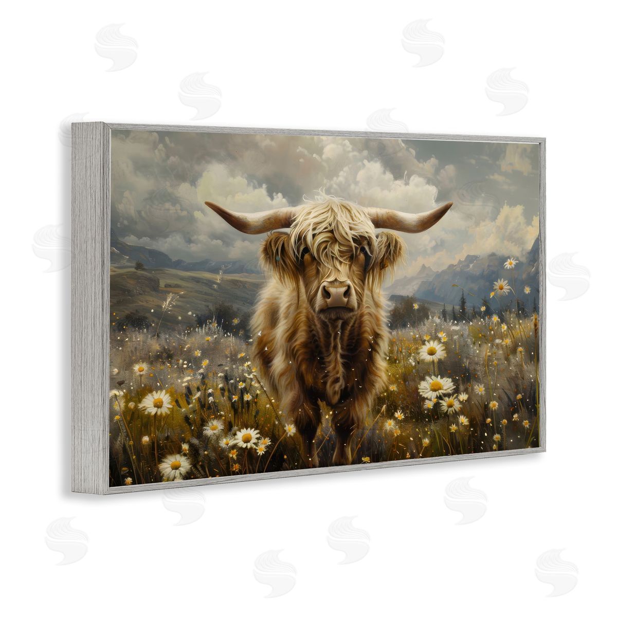 Cattle in Daisy Field Grey Frame Print Wall Art, Home Decor by LSR Design Studio
