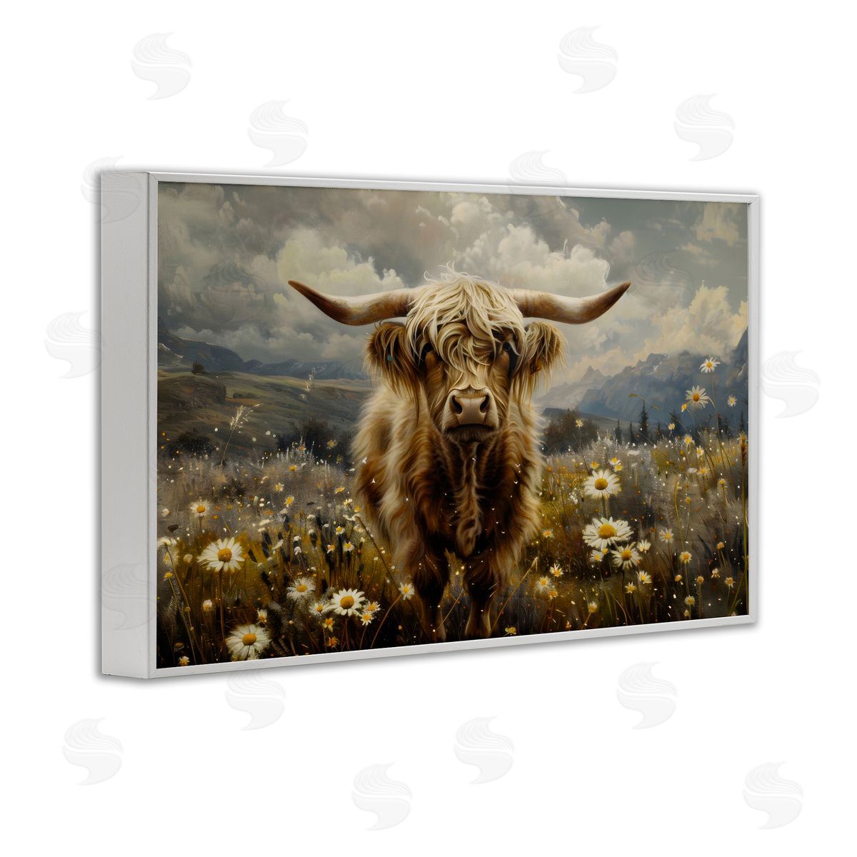 Cattle in Daisy Field White Frame Print Wall Art, Home Decor by LSR Design Studio