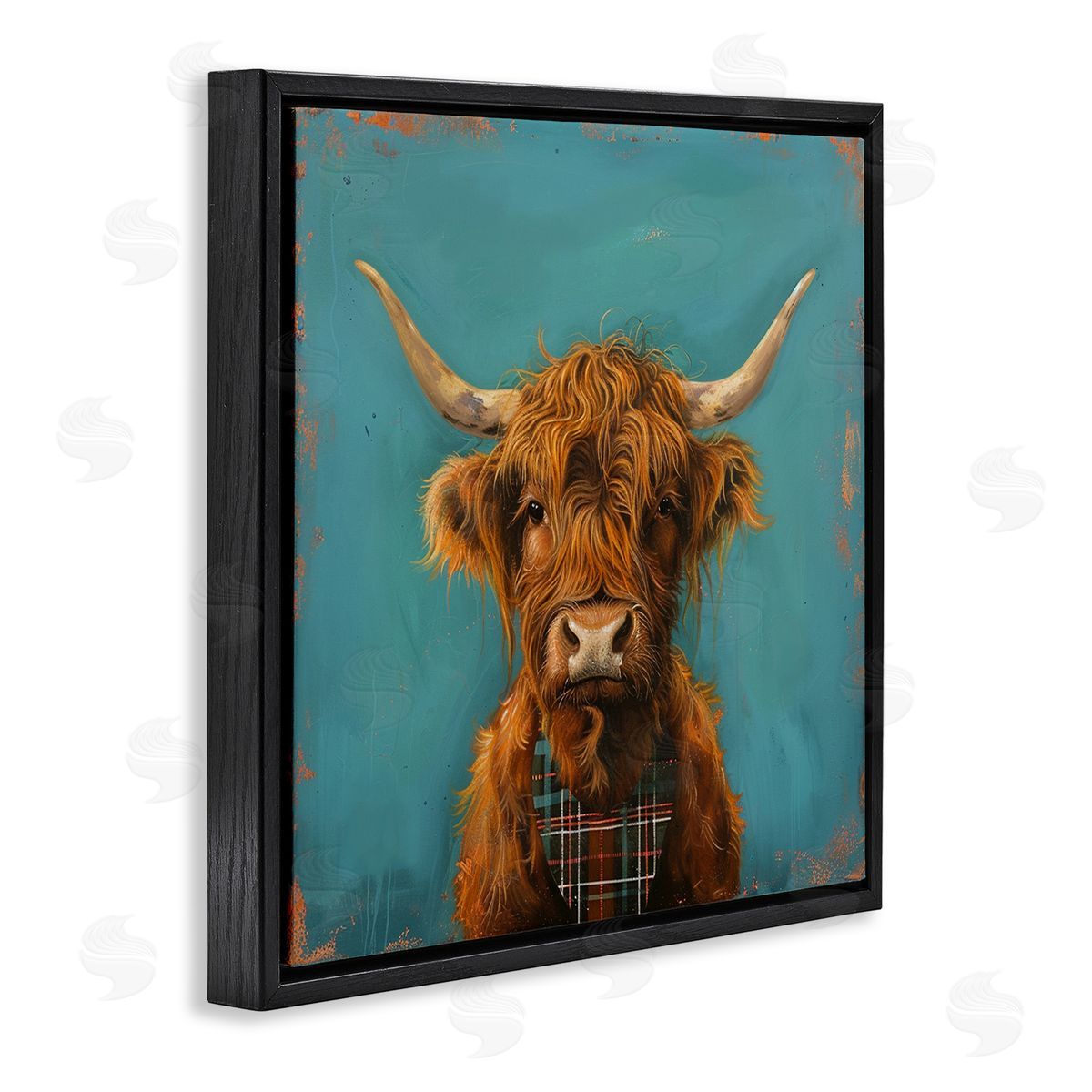 Highland Cow on Blue Black Floating Frame Canvas Wall Art, Home Decor by LSR Design Studio