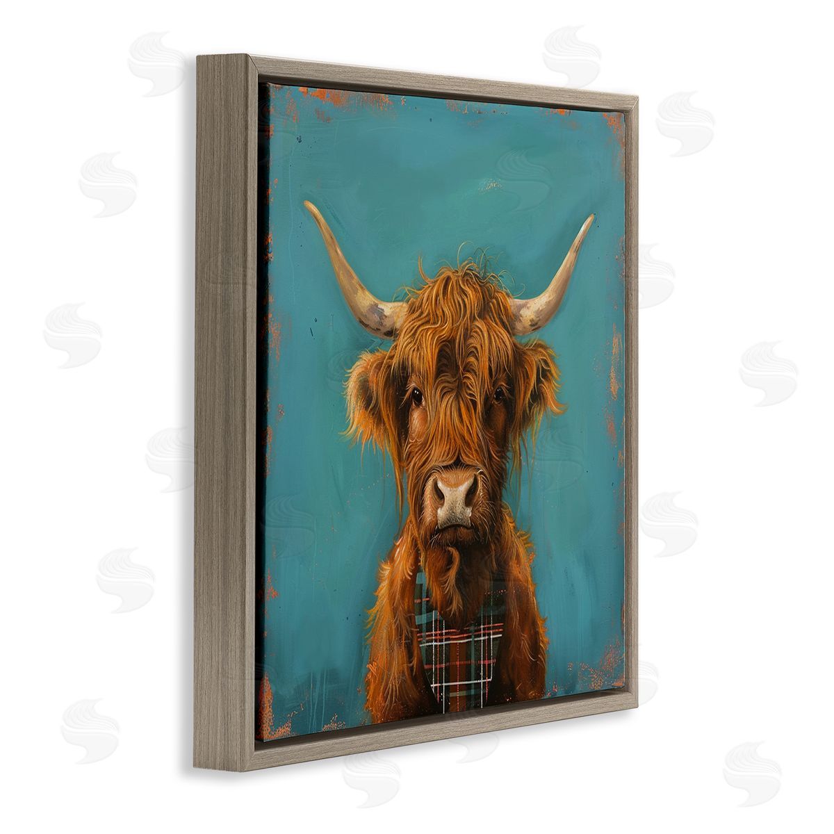 Highland Cow on Blue Brown Floating Frame Canvas Wall Art, Home Decor by LSR Design Studio