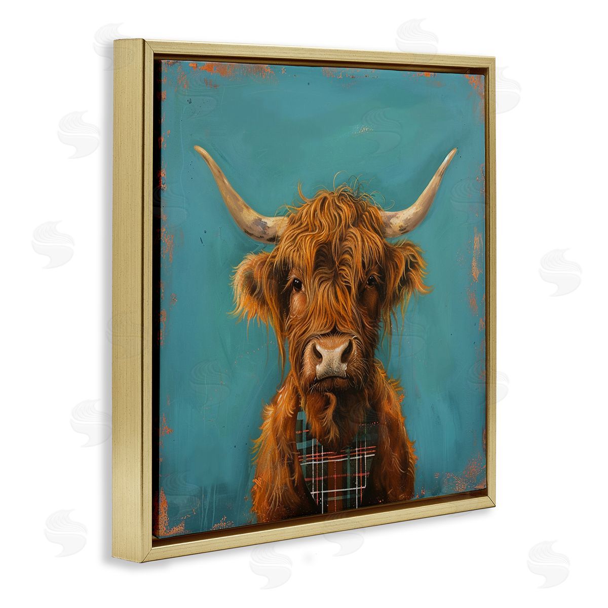 Highland Cow on Blue Gold Floating Frame Canvas Wall Art, Home Decor by LSR Design Studio
