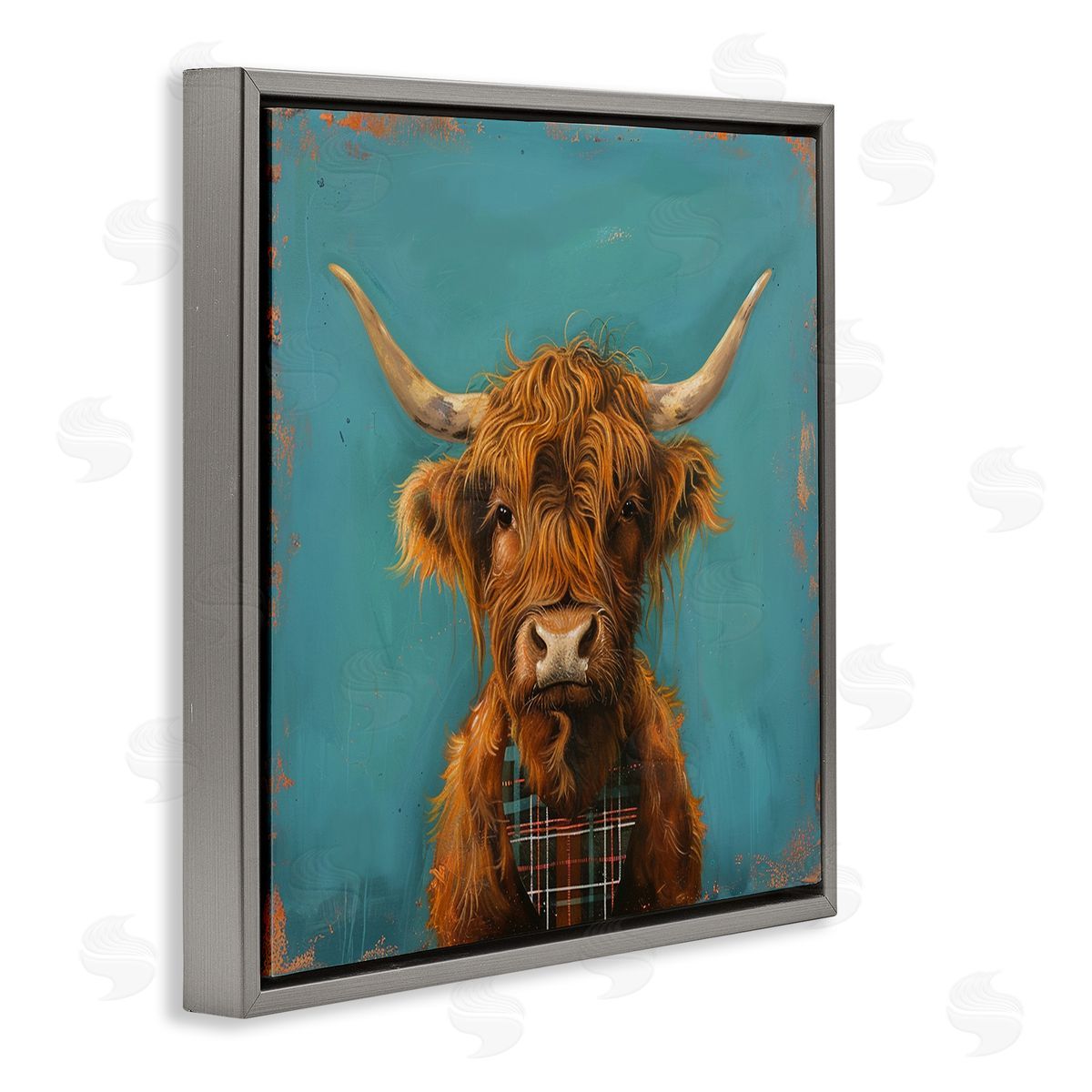 Highland Cow on Blue Grey Floating Frame Canvas Wall Art, Home Decor by LSR Design Studio