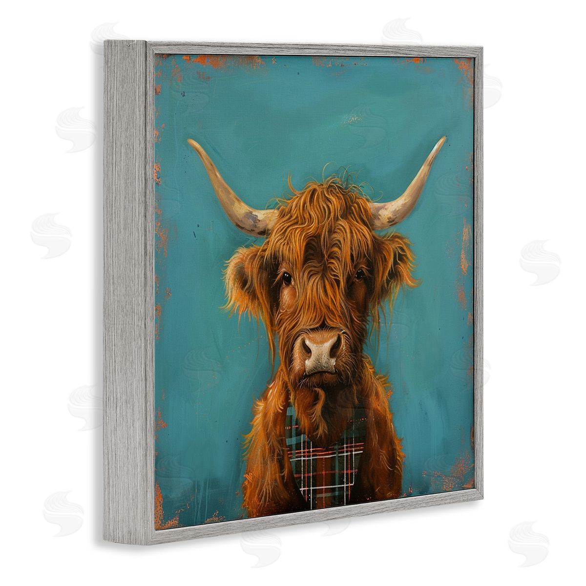 Highland Cow on Blue Grey Frame Print Wall Art, Home Decor by LSR Design Studio