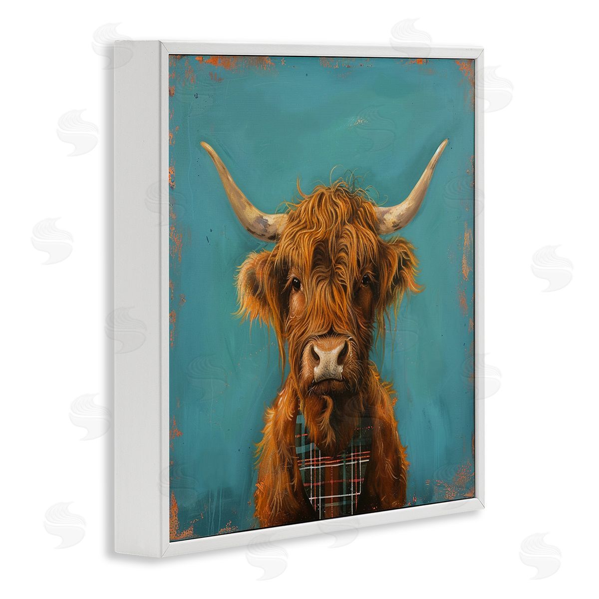 Highland Cow on Blue White Frame Print Wall Art, Home Decor by LSR Design Studio
