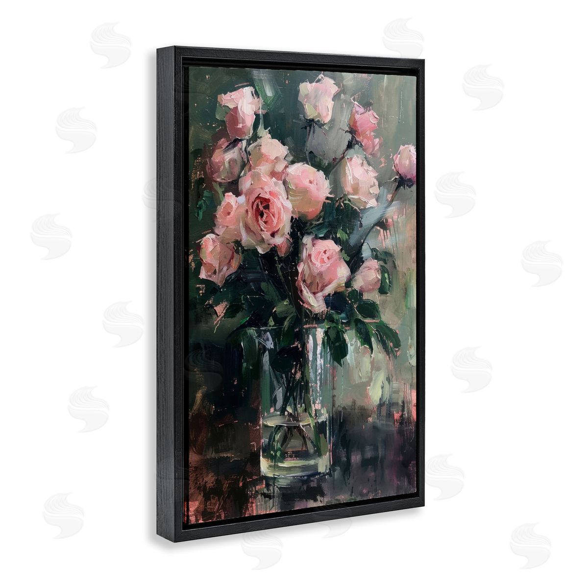 Pretty Pink Roses Vase Black Floating Frame Canvas Wall Art, Home Decor by LSR Design Studio