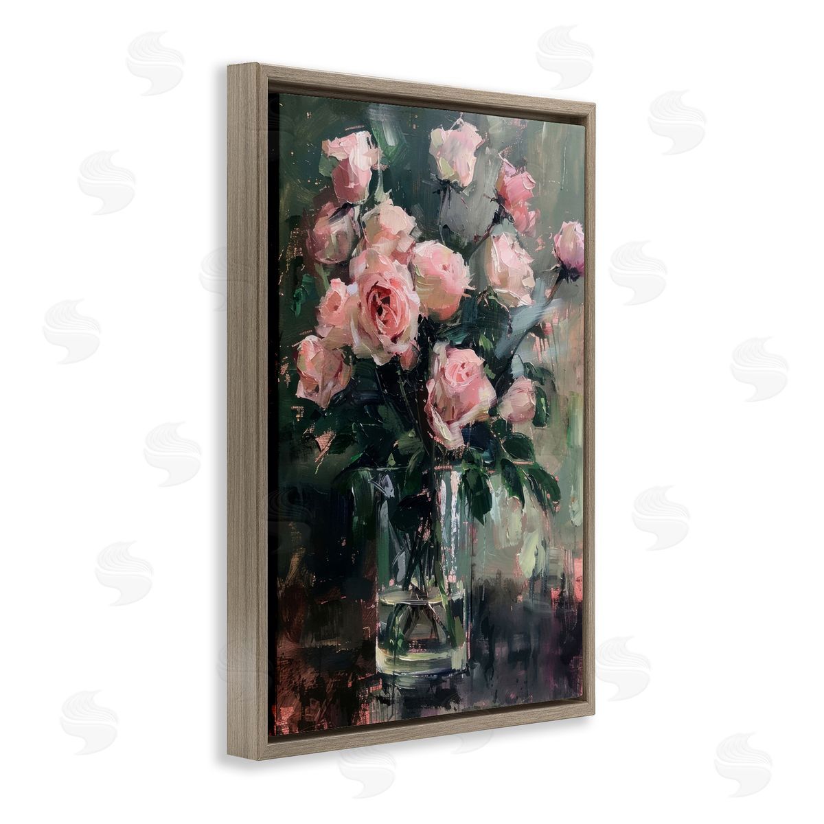 Pretty Pink Roses Vase Brown Floating Frame Canvas Wall Art, Home Decor by LSR Design Studio