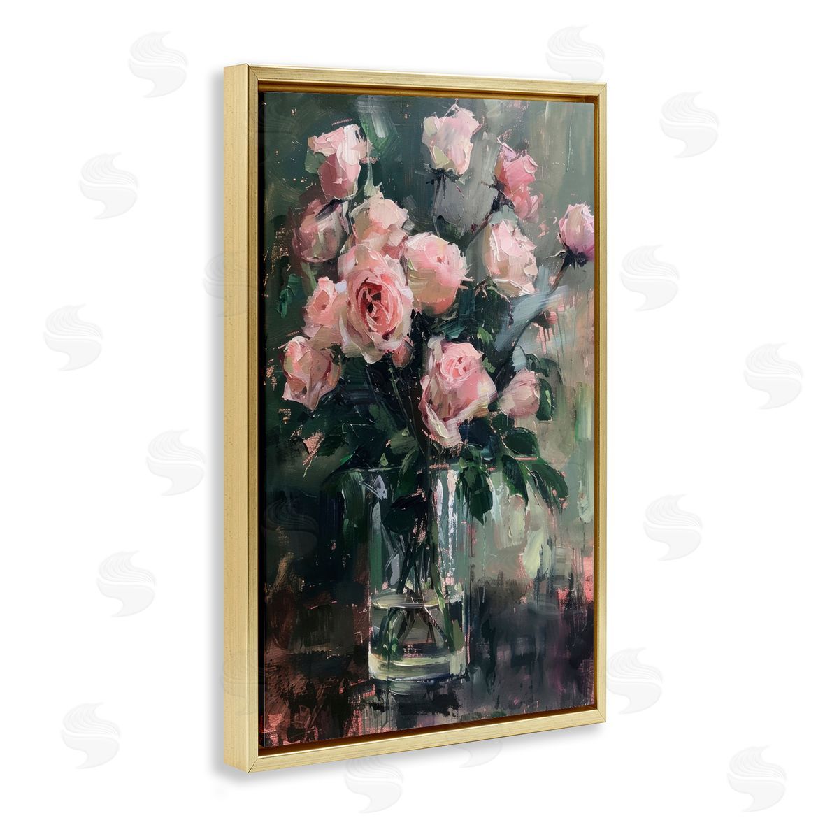 Pretty Pink Roses Vase Gold Floating Frame Canvas Wall Art, Home Decor by LSR Design Studio