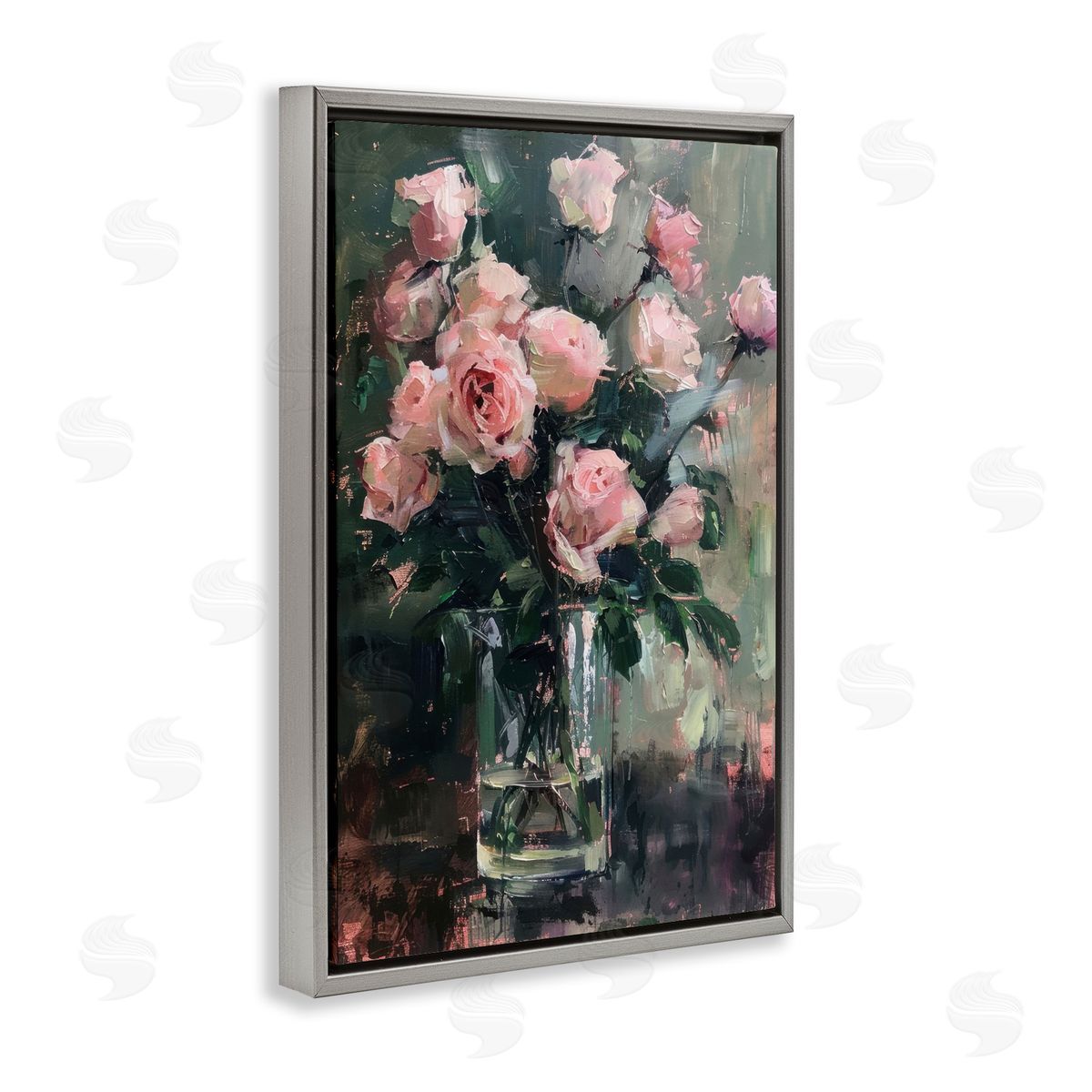 Pretty Pink Roses Vase Grey Floating Frame Canvas Wall Art, Home Decor by LSR Design Studio