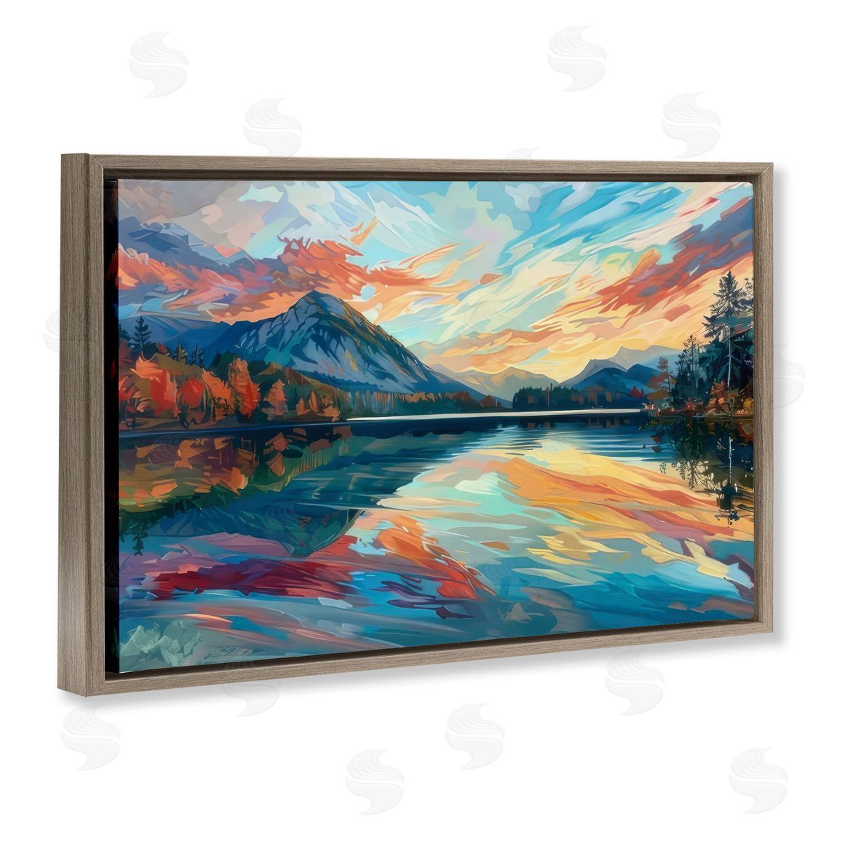 Abstract Swirled Lake & Mountain Brown Floating Frame Canvas Wall Art, Home Decor by LSR Design Studio