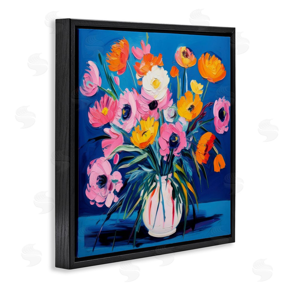 Bright Poppies Bouquet Black Floating Frame Canvas Wall Art, Home Decor by LSR Design Studio