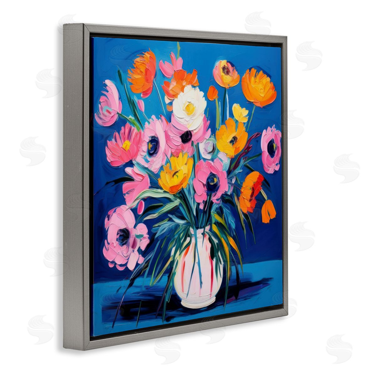 Bright Poppies Bouquet Grey Floating Frame Canvas Wall Art, Home Decor by LSR Design Studio