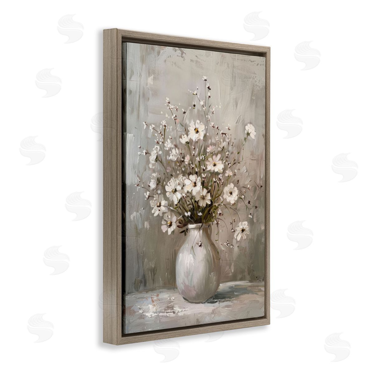 Vintage Still Life Daisies Brown Floating Frame Canvas Wall Art, Home Decor by LSR Design Studio