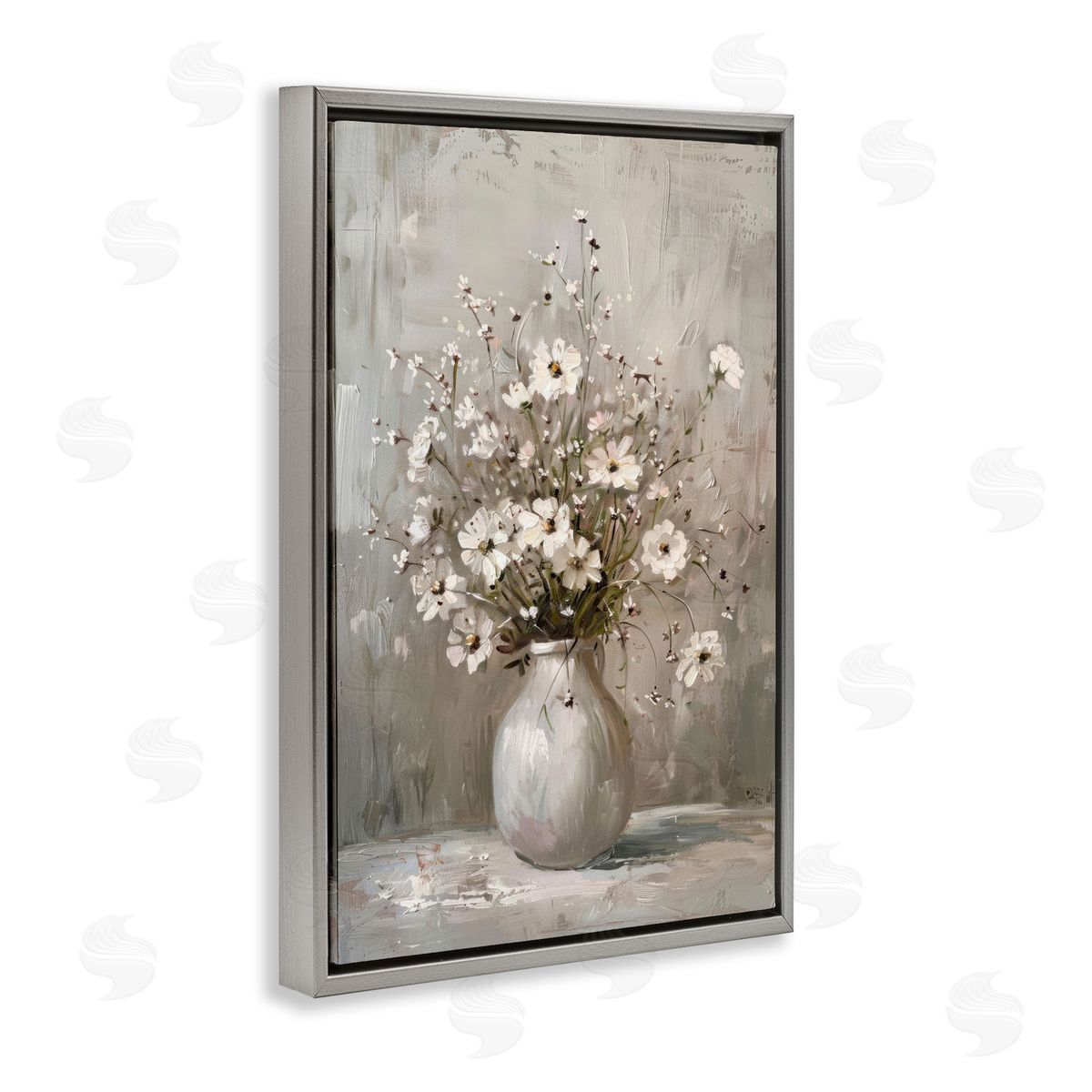 Vintage Still Life Daisies Grey Floating Frame Canvas Wall Art, Home Decor by LSR Design Studio