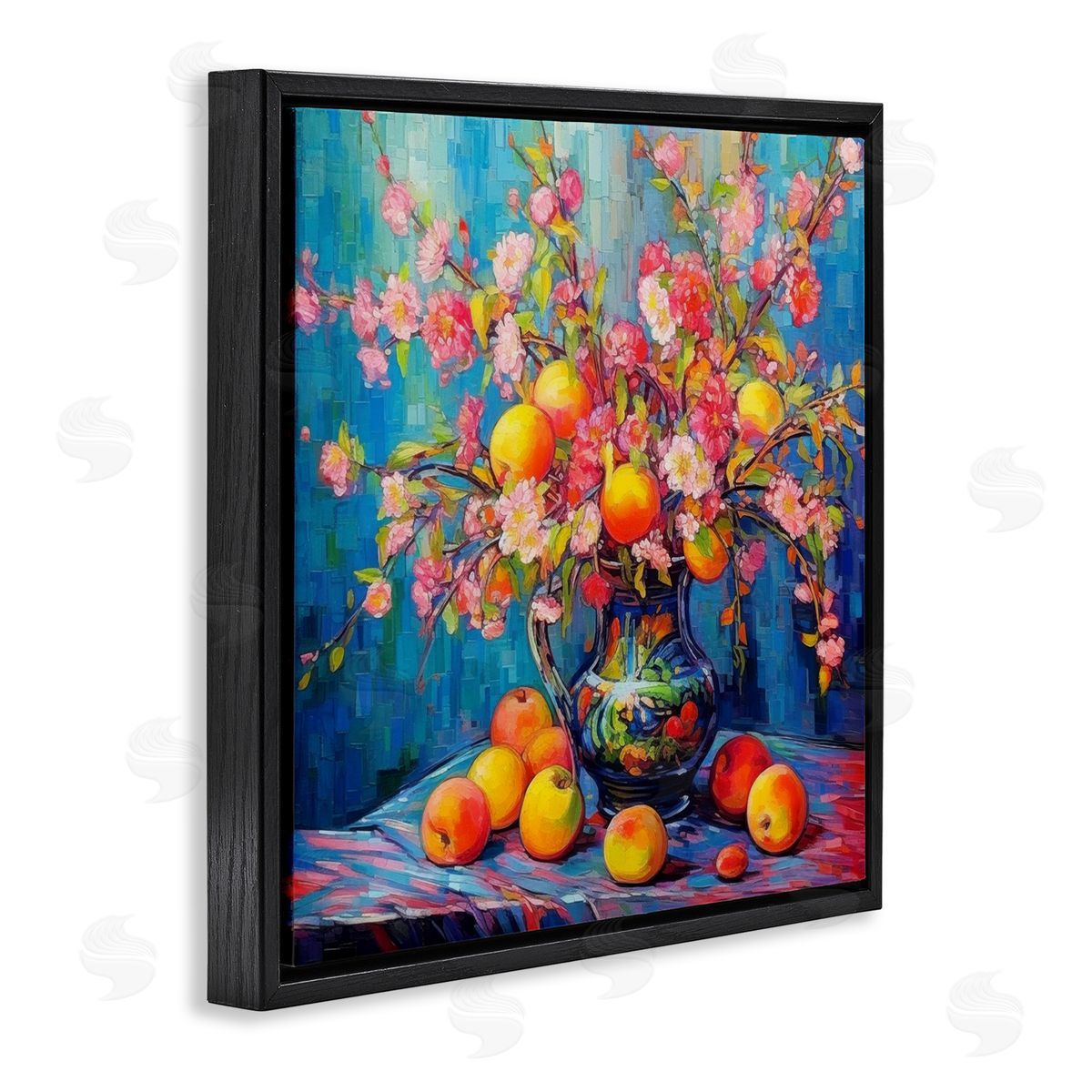 Peach & Florals Bouquet Black Floating Frame Canvas Wall Art, Home Decor by LSR Design Studio