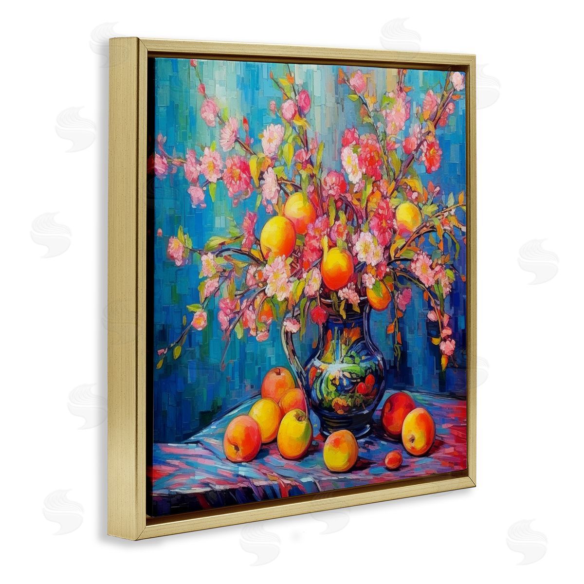 Peach & Florals Bouquet Gold Floating Frame Canvas Wall Art, Home Decor by LSR Design Studio