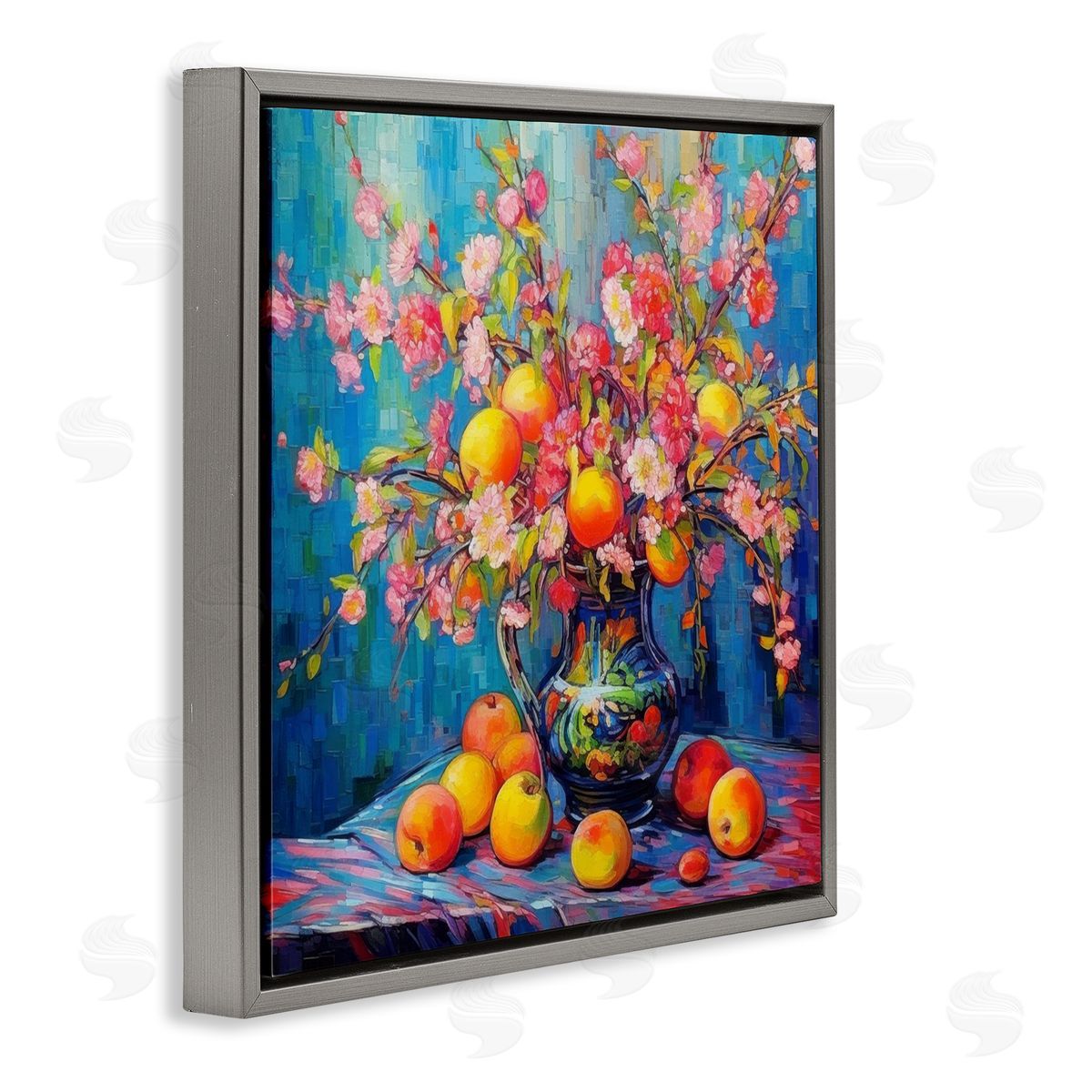 Peach & Florals Bouquet Grey Floating Frame Canvas Wall Art, Home Decor by LSR Design Studio