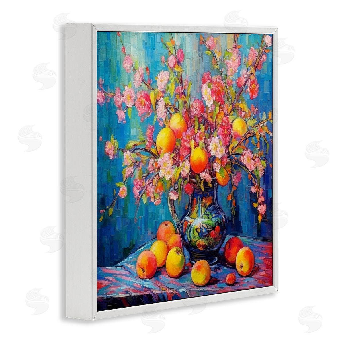 Peach & Florals Bouquet White Frame Print Wall Art, Home Decor by LSR Design Studio