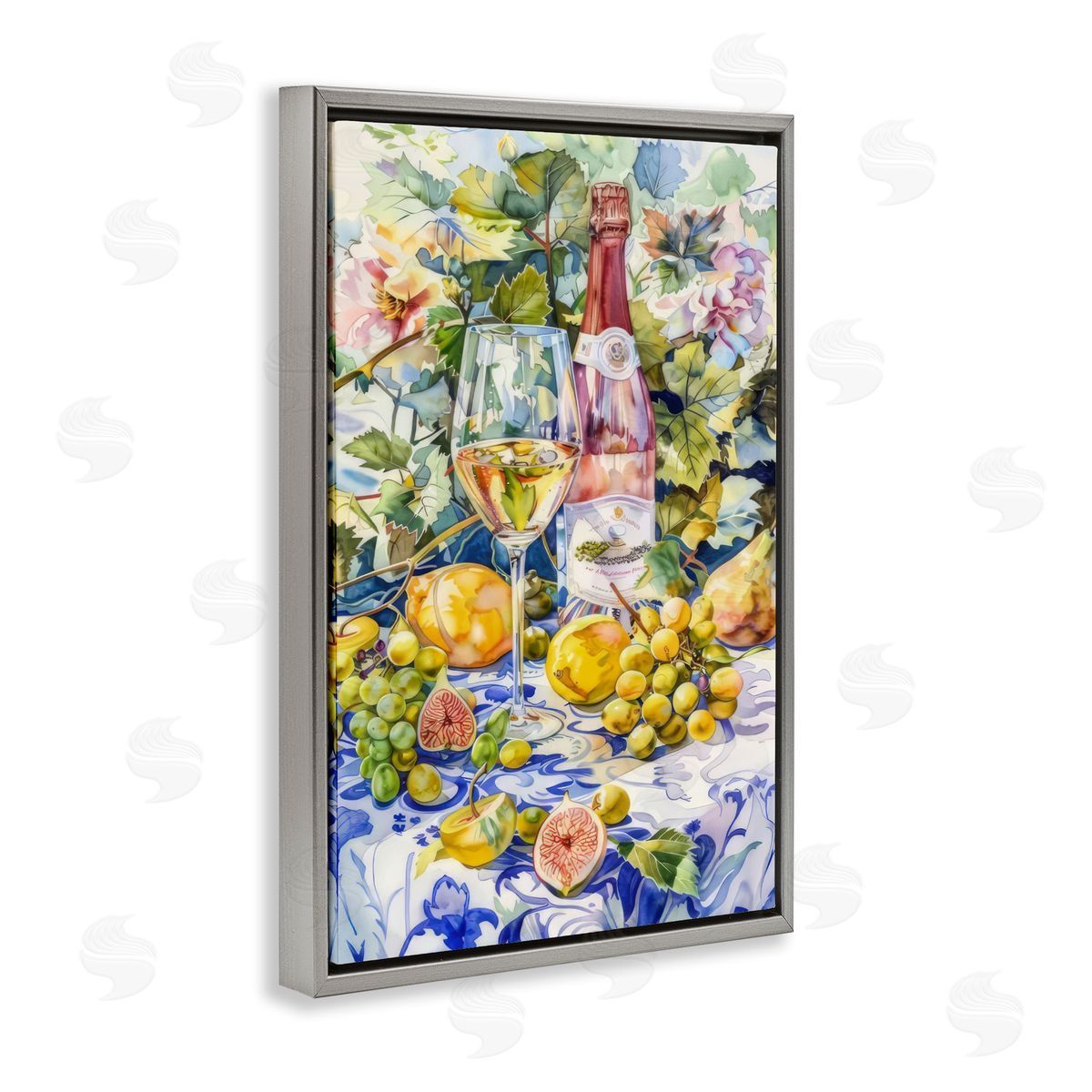 Grape Vines Wine Glass Grey Floating Frame Canvas Wall Art, Home Decor by LSR Design Studio