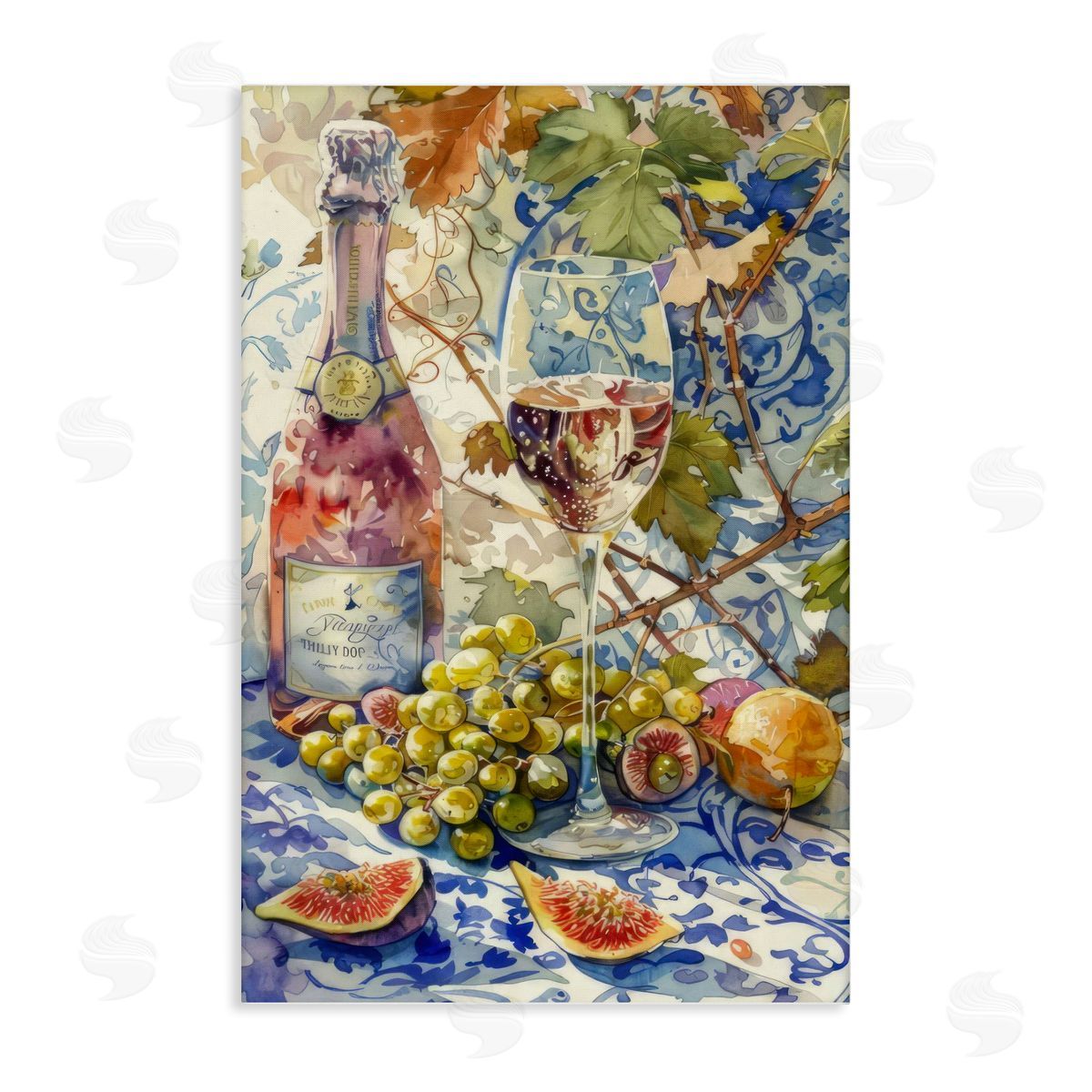 Grapes & Wine Bottle Canvas Wall Art, Home Decor by LSR Design Studio