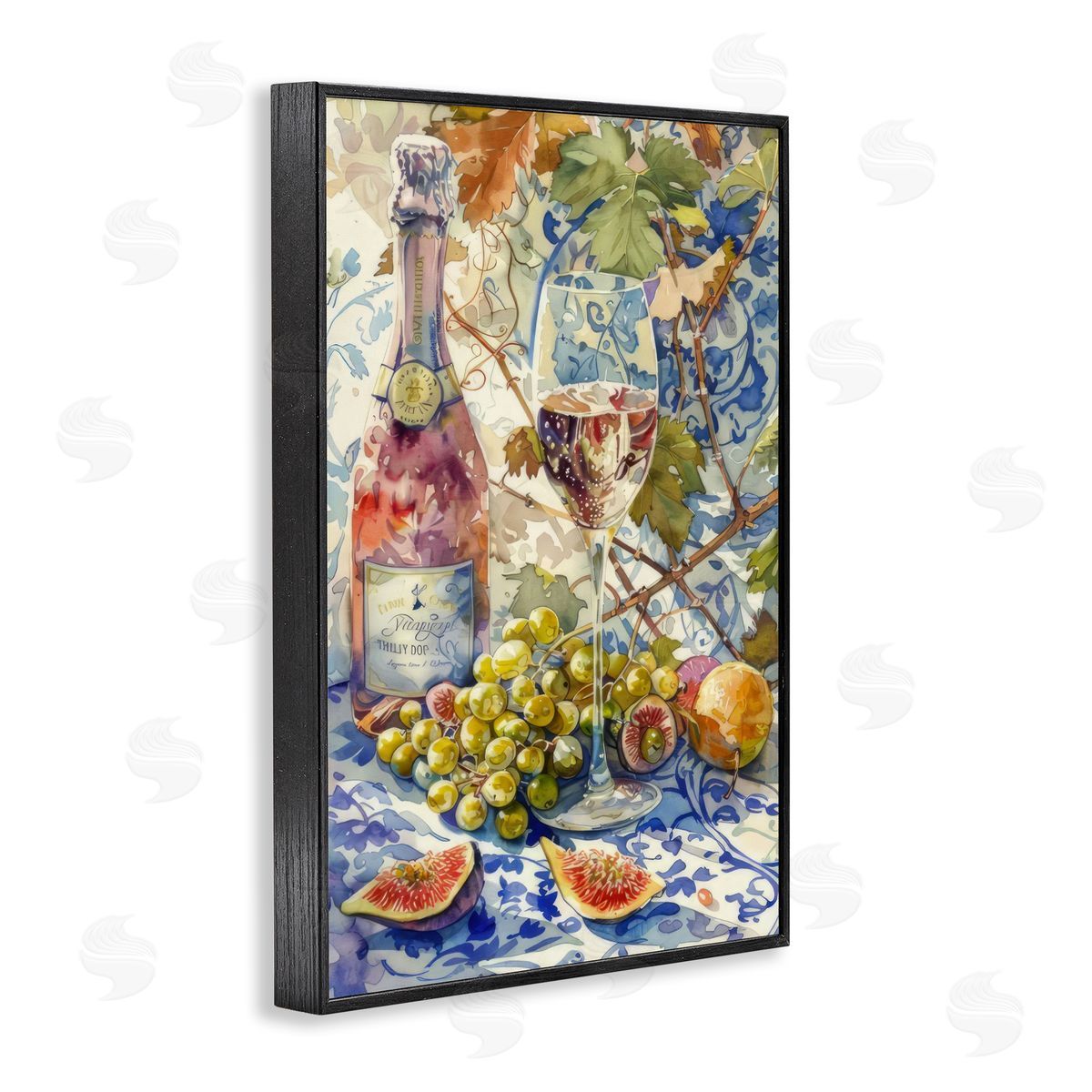 Grapes & Wine Bottle Black Frame Print Wall Art, Home Decor by LSR Design Studio