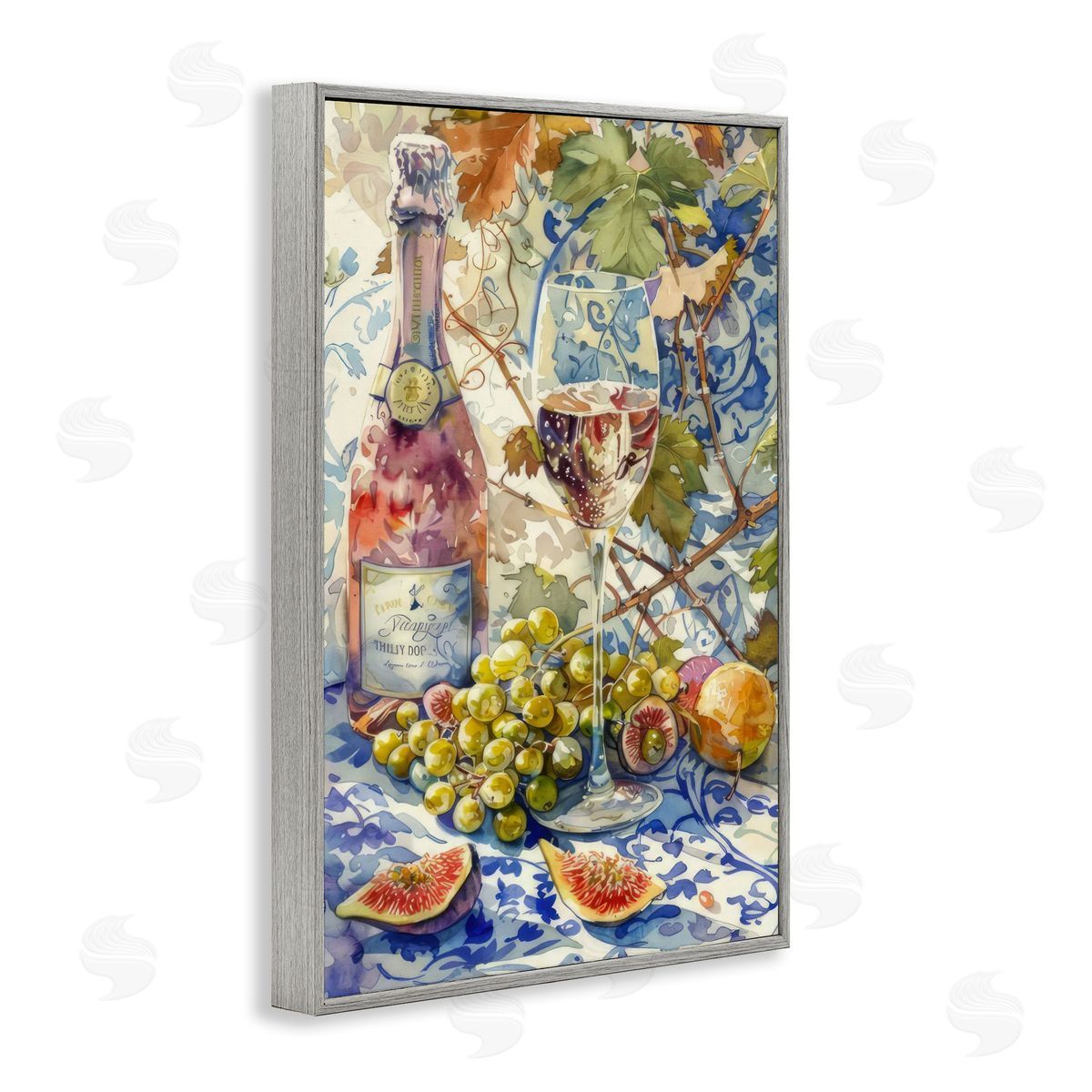 Grapes & Wine Bottle Grey Frame Print Wall Art, Home Decor by LSR Design Studio