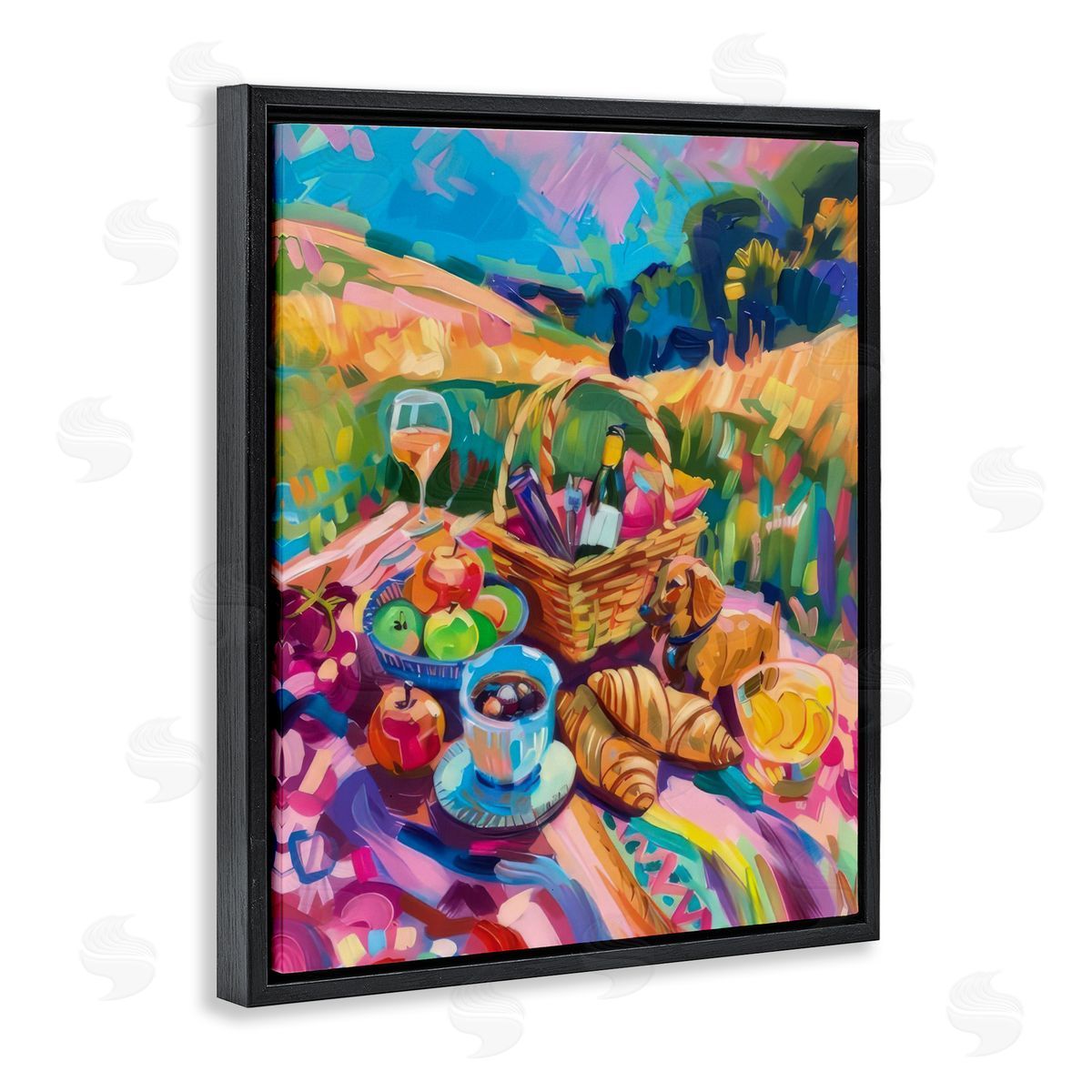 Bright Impressionist Picnic Black Floating Frame Canvas Wall Art, Home Decor by LSR Design Studio