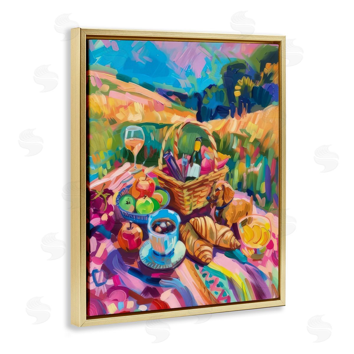 Bright Impressionist Picnic Gold Floating Frame Canvas Wall Art, Home Decor by LSR Design Studio