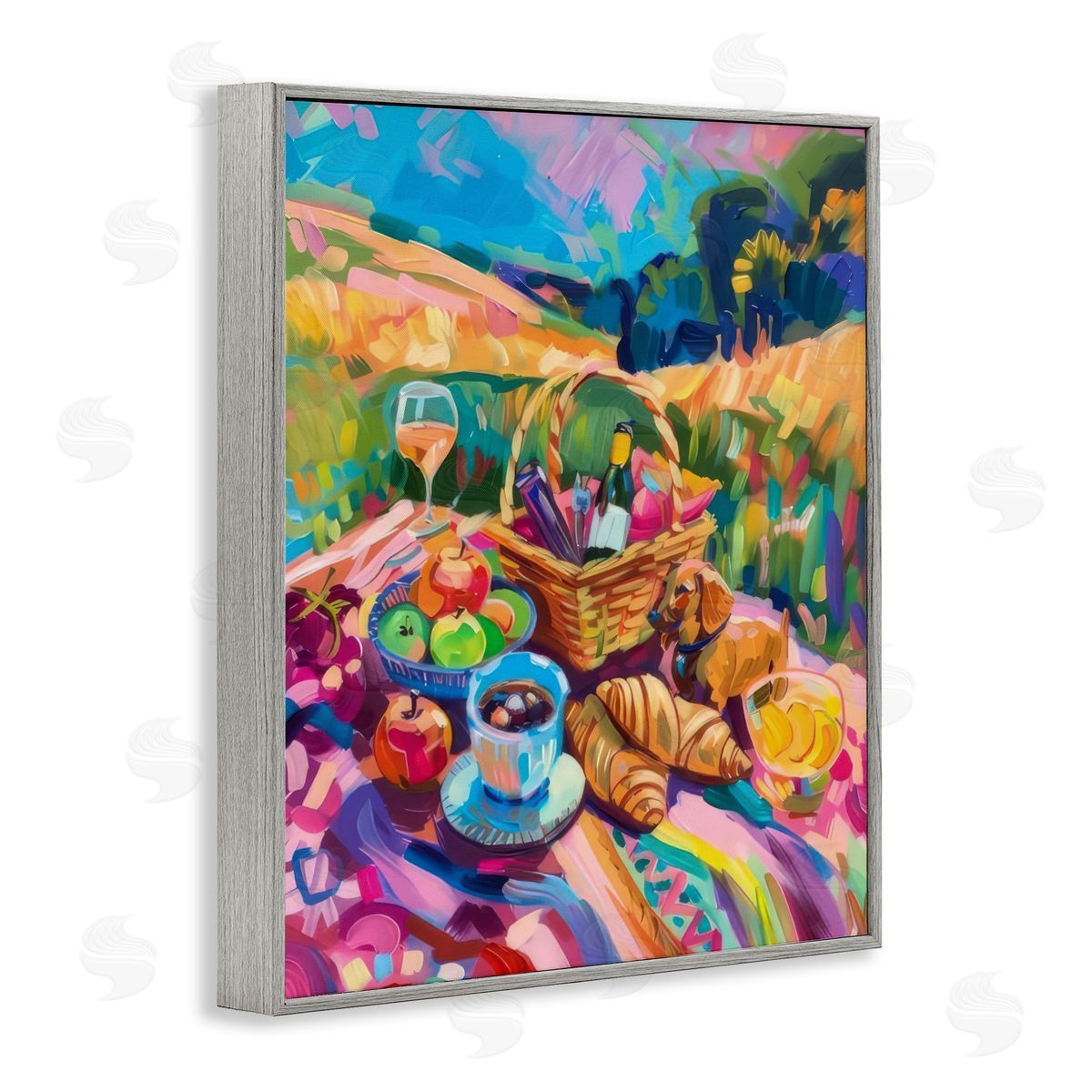 Bright Impressionist Picnic Grey Frame Print Wall Art, Home Decor by LSR Design Studio