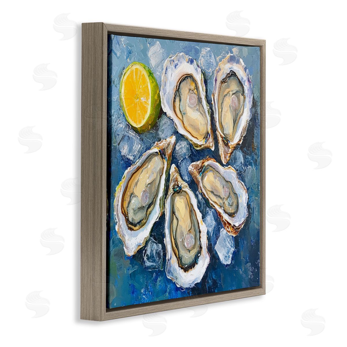 Lemon & Oysters Seafood Brown Floating Frame Canvas Wall Art, Home Decor by LSR Design Studio
