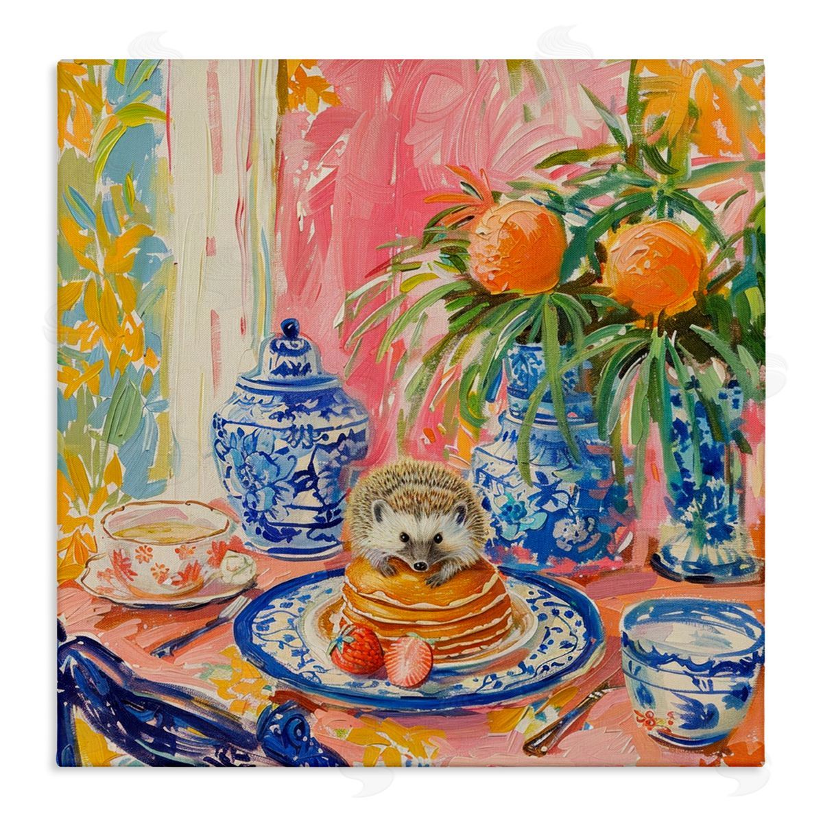 Pancakes Stack & Hedgehog Canvas Wall Art, Home Decor by LSR Design Studio