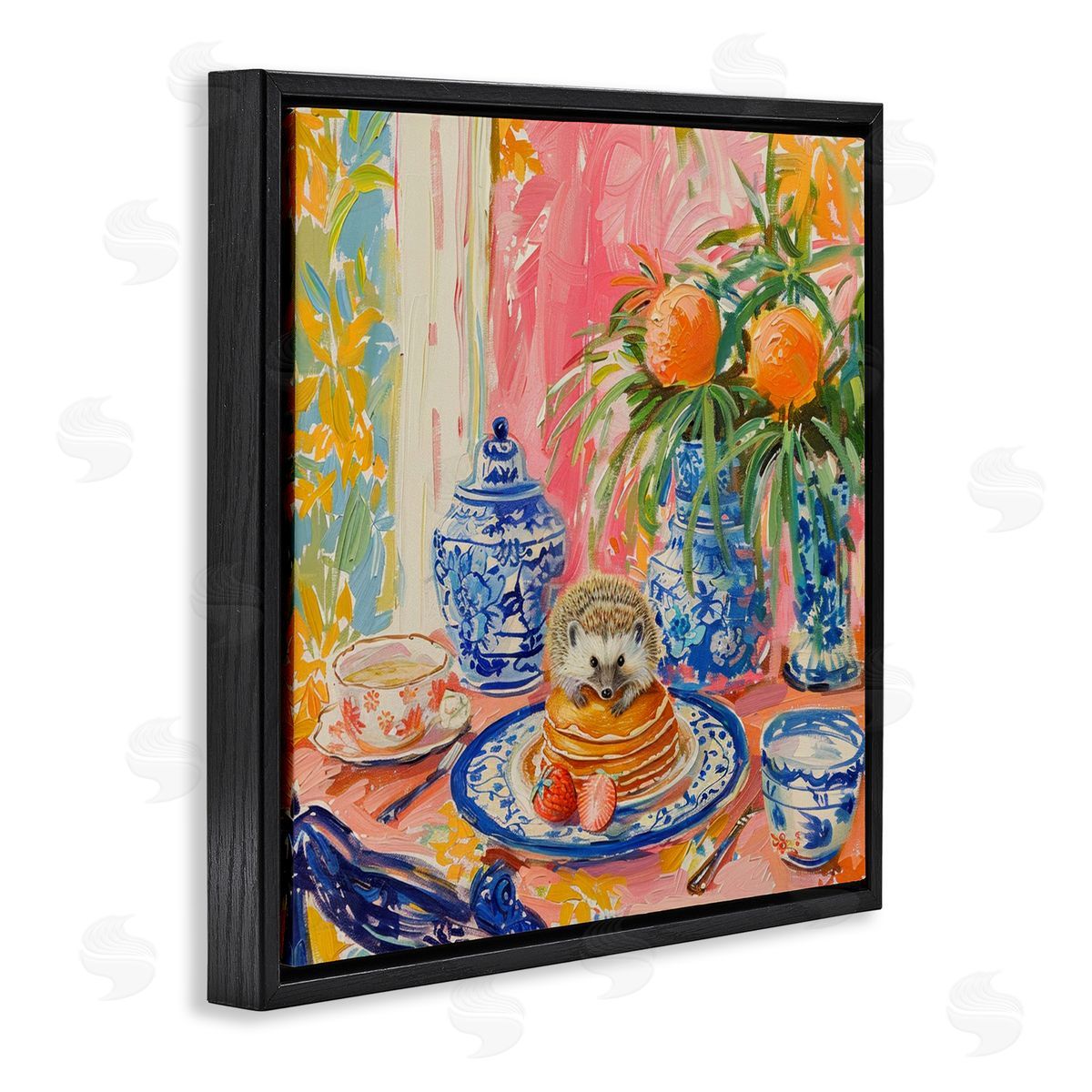 Pancakes Stack & Hedgehog Black Floating Frame Canvas Wall Art, Home Decor by LSR Design Studio